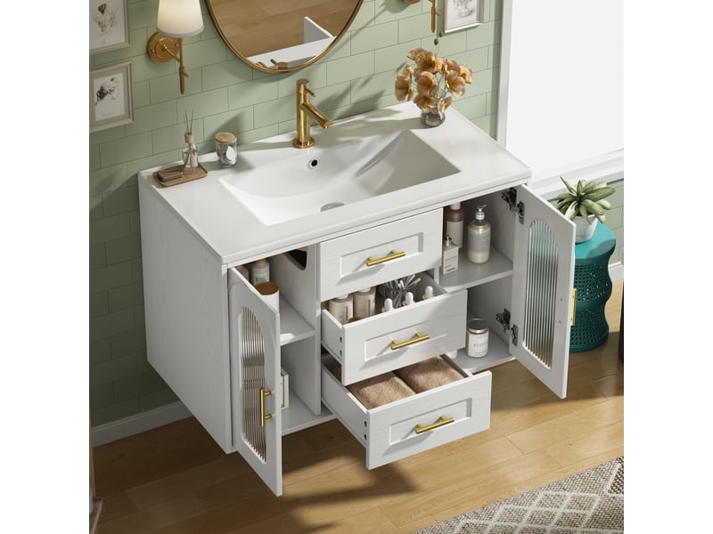  Meuble vasque suspendu 76 cm avec led et rangements réglables - lpospi - mdf et verre strié blanc  - Conforama C