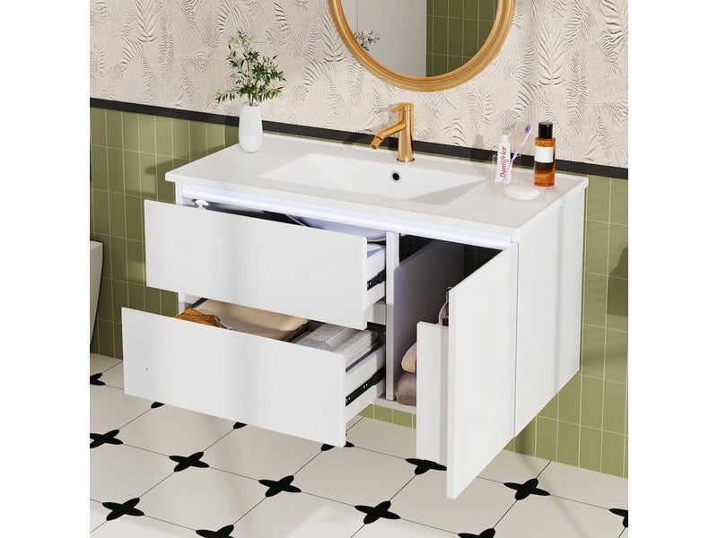 Meuble sous vasque suspendu 90 cm blanc avec lavabo céramique et éclairage led - Conforama D