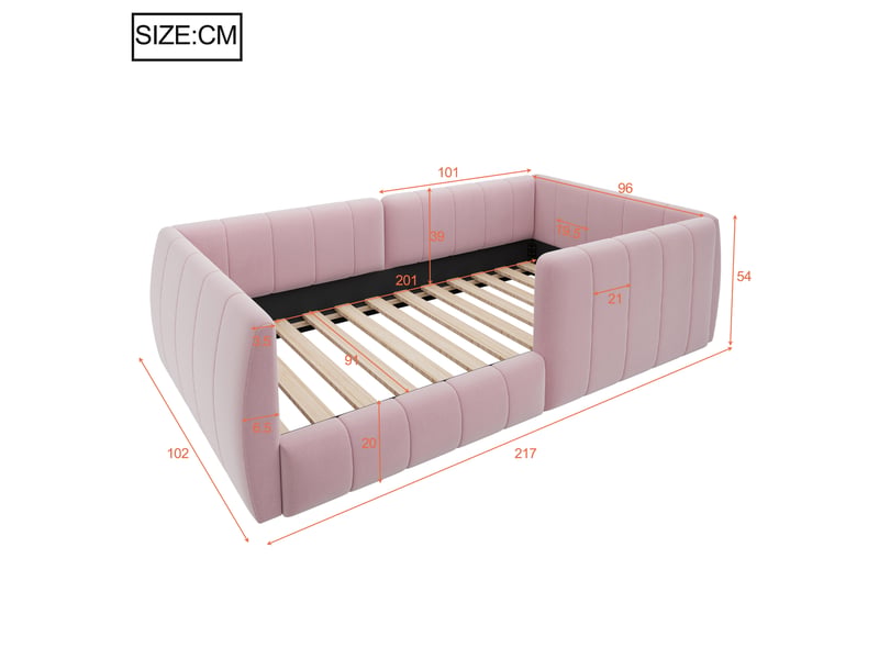  Lit enfant 90x200 cm, lit plateforme rembourré avec barrières de sécurité, tête de lit capitonnée et cadre bas - rose  - Conforama C