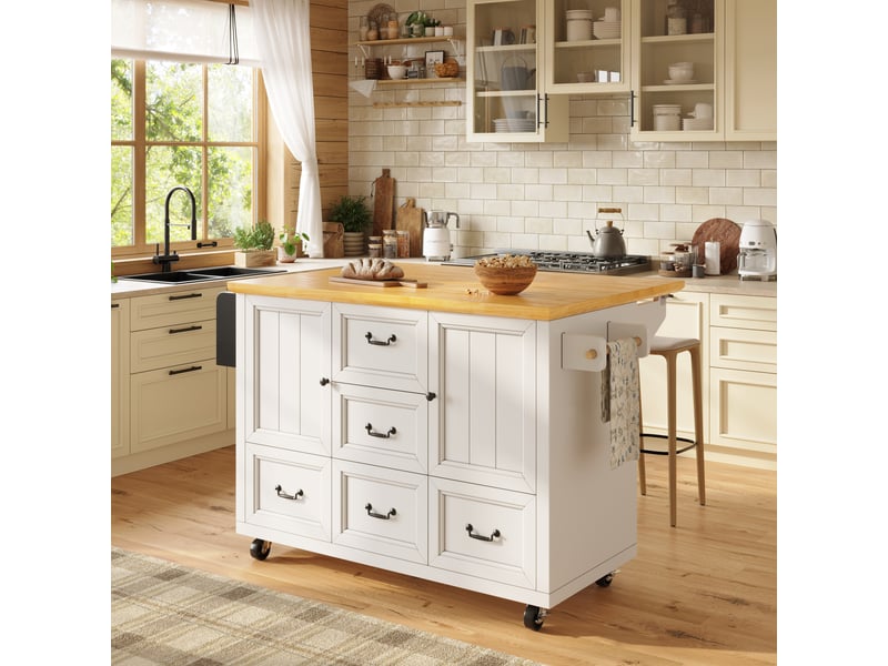 Îlot de cuisine à roulettes 120 cm, desserte de cuisine blanc et noir avec plateau pliable et 5 tiroirs  - Conforama R
