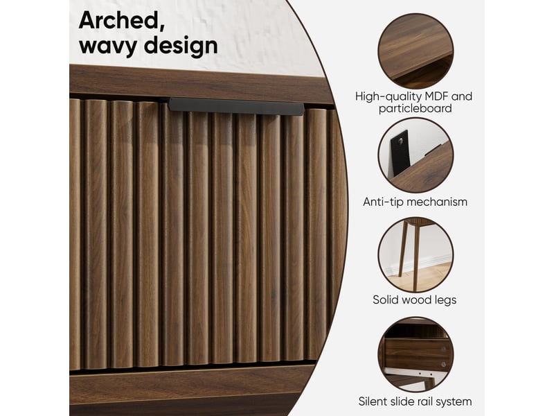  Console style mid-century aspect noyer avec 2 tiroirs et niche ouverte, 120 x 35 x 77,6 cm  - Conforama C