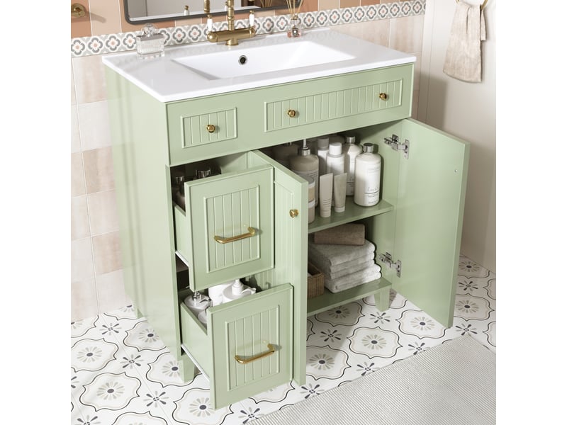  Meuble vasque salle de bain sur pied 81,7 cm avec rangement, vasque céramique et finition laquée  - Conforama E