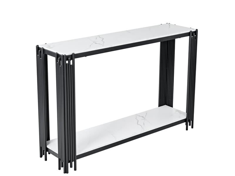  Console 123,5x33,5x80 cm à 2 niveaux effet marbre blanc et métal noir  - Conforama A