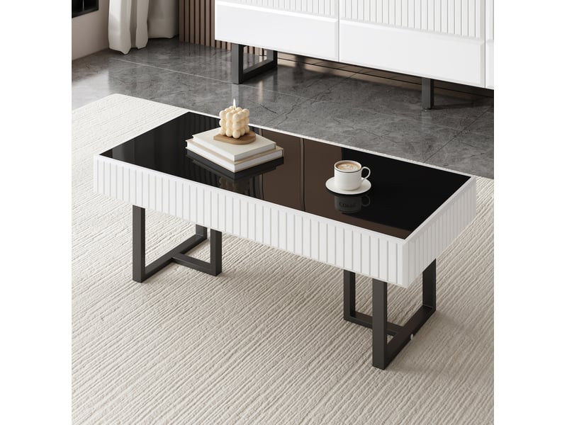 Table basse design 110x50,5x41 cm plateau noir laqué brillant résistant piétement métal mdf et particules noir et blanc  - Conforama D
