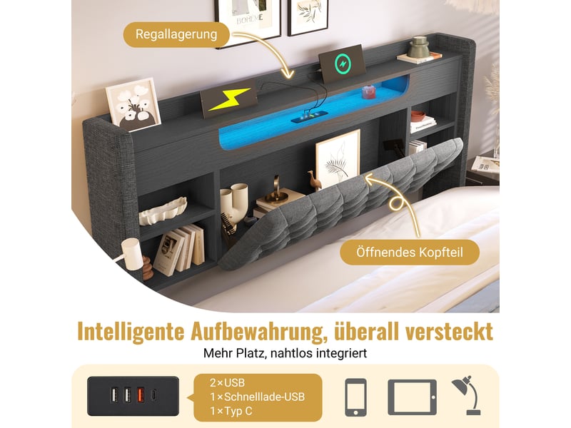  Lit coffre 180x200 cm, lit double, rangement hydraulique, étagères, led, lin gris, usb et usb-c  - Conforama D