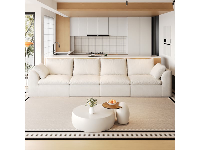  Canapé nuage 4 places 310x90 cm en tissu lin blanc beige, mousse haute élasticité compressée, assise profonde, sans montage, format compact  - Conforama B