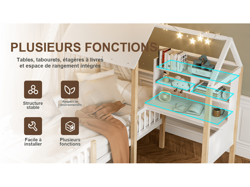 Lit cabane enfant 90x200 cm blanc en bois avec bureau, étagères, 2 tiroirs sur roulettes et sommier à lattes - Conforama D