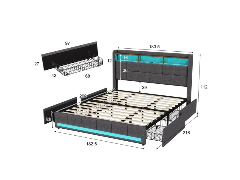 Lit double adulte 180x200 cm avec 4 tiroirs et led rgb, king size, tête de lit avec étagère et ports usb, lit capitonné en lin, girs  - Conforama E