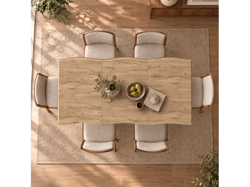  Table à manger 160x78x77 cm plateau ondulé, pieds en x en métal, en mdf couleur bois clair et noir  - Conforama D