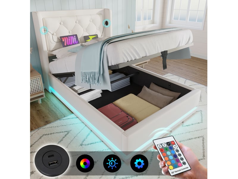 Lit coffre adulte 90x200 cm – blanc – rangement hydraulique, led 3 côtés, usb-c, avec matelas h3 - Conforama E