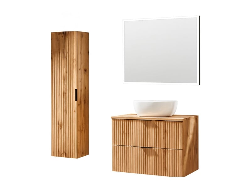  Ensemble de salle de bain noxera 80 cm – chêne wotan – meuble sous vasque avec vasque, miroir led et colonne suspendue  - Conforama A