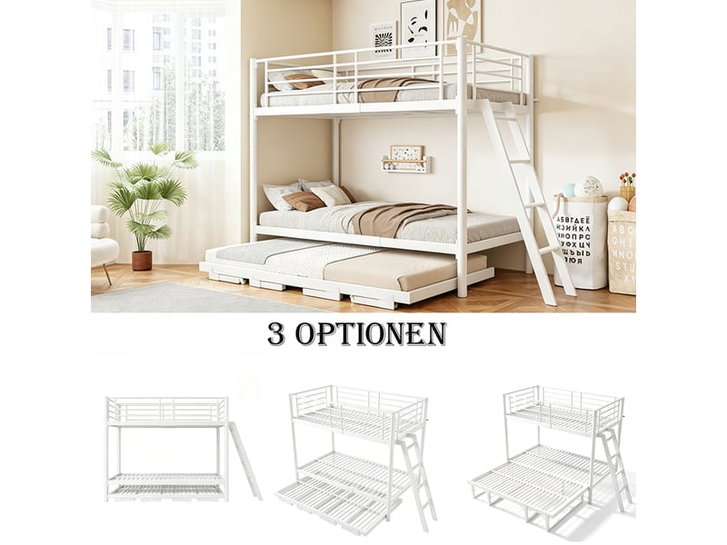  Lit superposé 90 × 200 cm 2 places avec lit gigogne extensible 180 × 200 cm, sans matelas, blanc  - Conforama E
