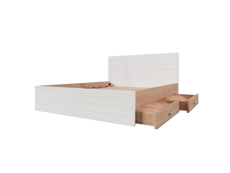  Lit double 160x200 cm avec 2 tiroirs, cadre de lit, bois + mdf, blanc et chêne clair sans matelas  - Conforama E