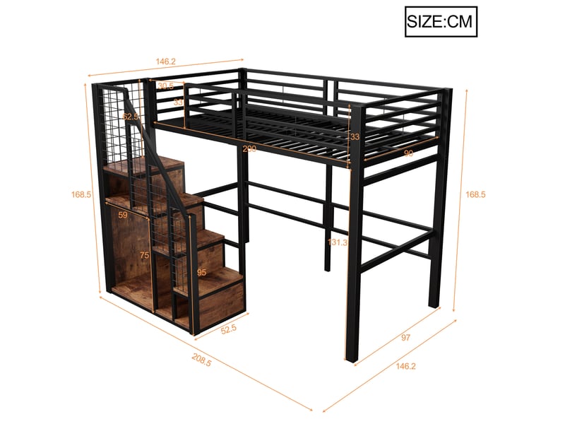  Lit mezzanine enfant simple 90×200 cm rangement, penderie et échelle sécurisée  - sans matelas, métal - noir  - Conforama D