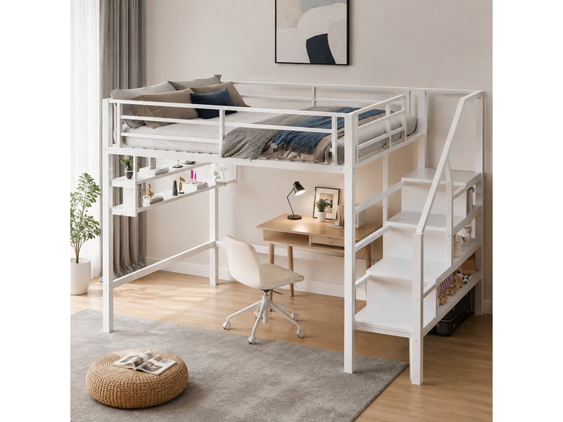  Lit mezzanine 140x200cm, sommier, barrière, lit 2 places, escalier intégré, étagères de rangement, métal+mdf, blanc, sans matelas  - Conforama B