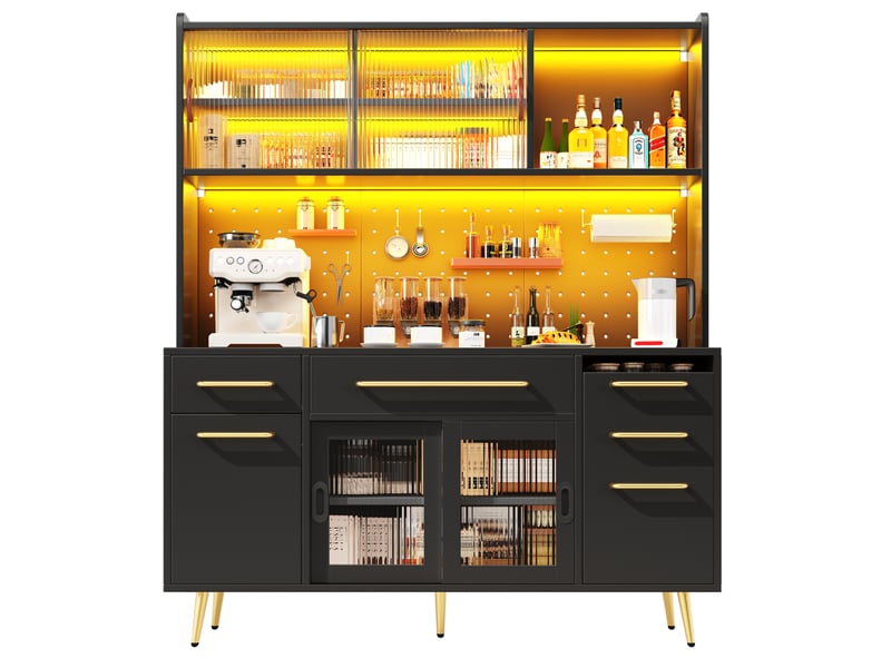  Buffet de cuisine 145x39x171 cm, éclairage éclairage led, avec tiroirs, porte coulissante, meuble de salon, mdf, noir  - Conforama A