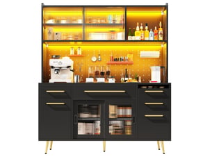 Buffet de cuisine 145x39x171 cm, éclairage éclairage led, avec tiroirs, porte coulissante, meuble de salon, mdf, noir