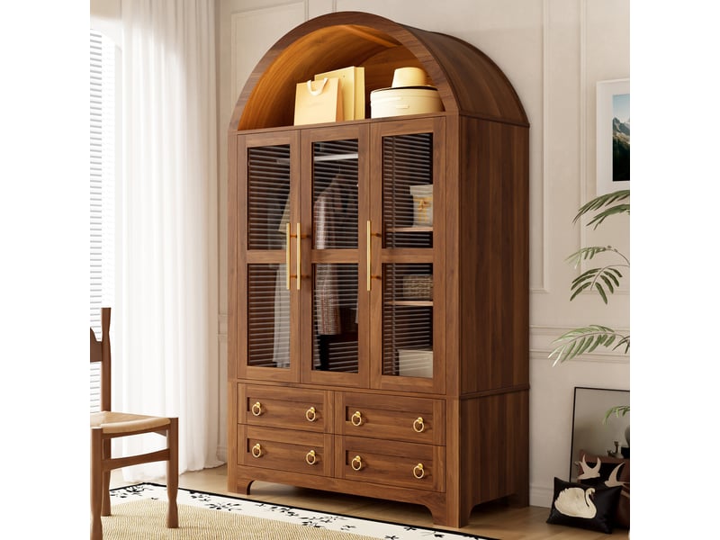 Vitrine haute 110x50x186 cm, 3 portes vitrées, penderie, 4 tiroirs, led par application, pour salon et salle à manger - noyer - Conforama D