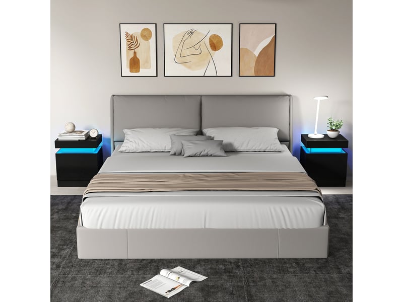  Ensemble de 2 tables de chevet led avec 16 couleurs et 4 modes d'éclairage, 2 tiroirs, en bois, 45 x 35 x 52 cm, noir  - Conforama C