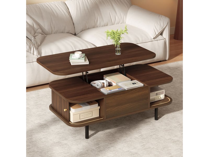  Table basse relevable 101 x 51 x 52 cm rangement à deux volets table basse avec rangement plateau réglable en hauteur configuration 2-en-1 structure en mdf finition noyer quatre pieds bords arrondis capacité de charge 75 kg  - Conforama B