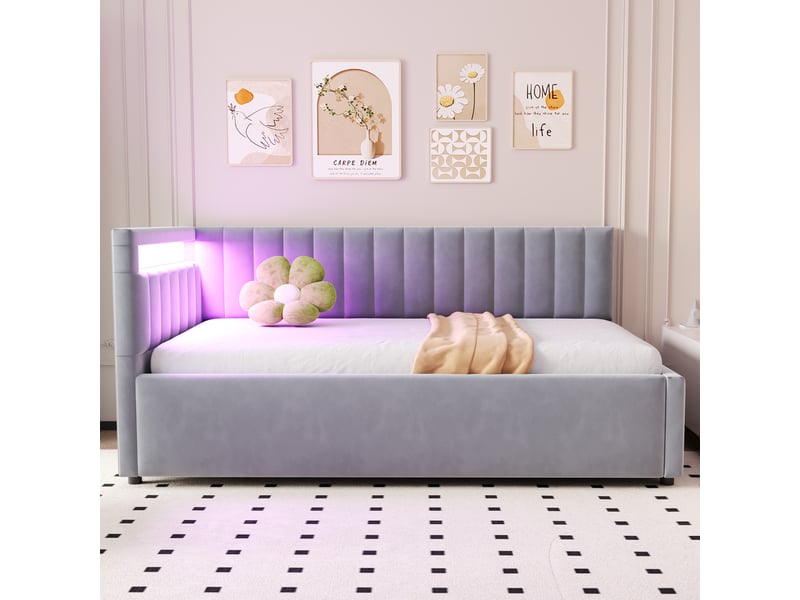  Lit banquette enfant coffre 90 x 200 cm avec led et rangement hydraulique, velours gris clair Fay Lum - Conforama D