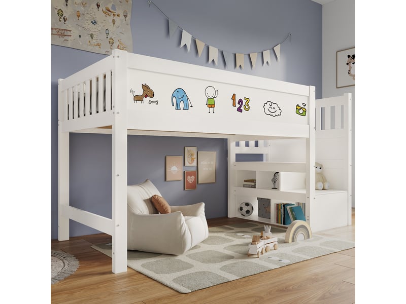 Lit mezzanine enfant 90x200 avec tableau blanc et barrière de sécurité, escalier réversible, bois blanc - Conforama B