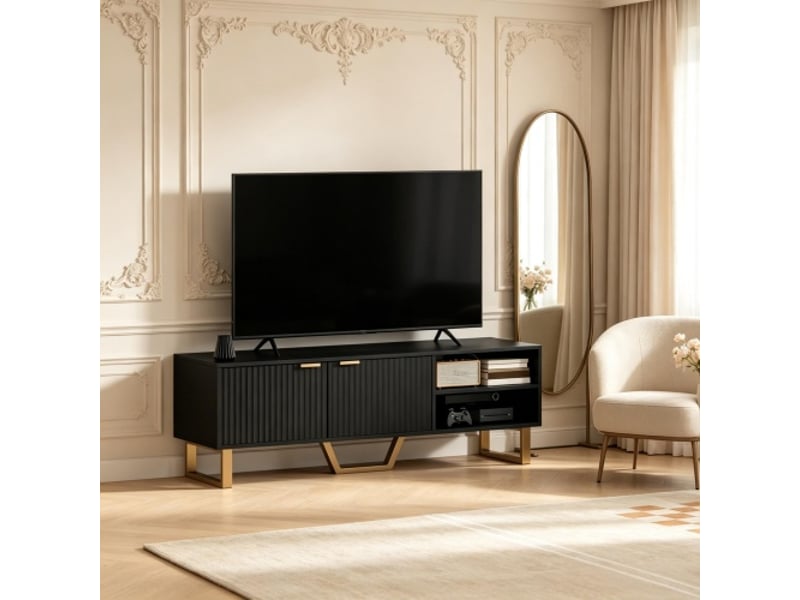  Meuble tv jusqu’à 70 pouces – 2 portes striées, compartiment ouvert et passe-câbles, rangement salon  - Conforama B
