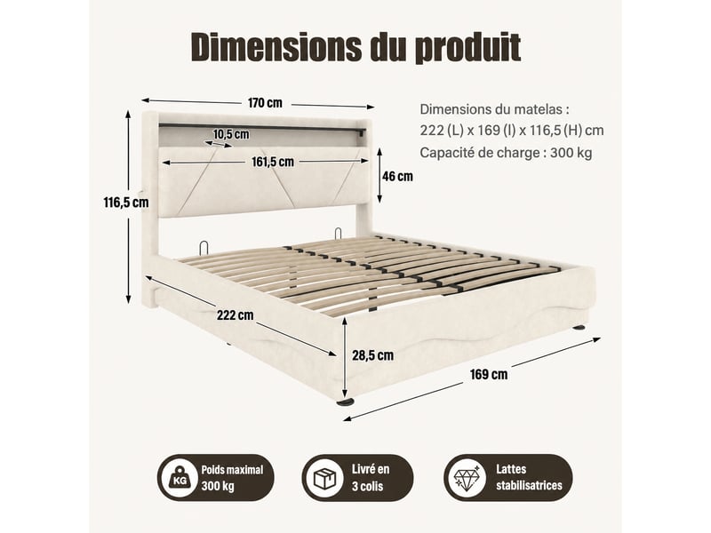  Lit coffre 160 x 200 cm en velours beige avec sommier relevable, tête de lit à étagère, led et ports usb et usb-c  - Conforama C