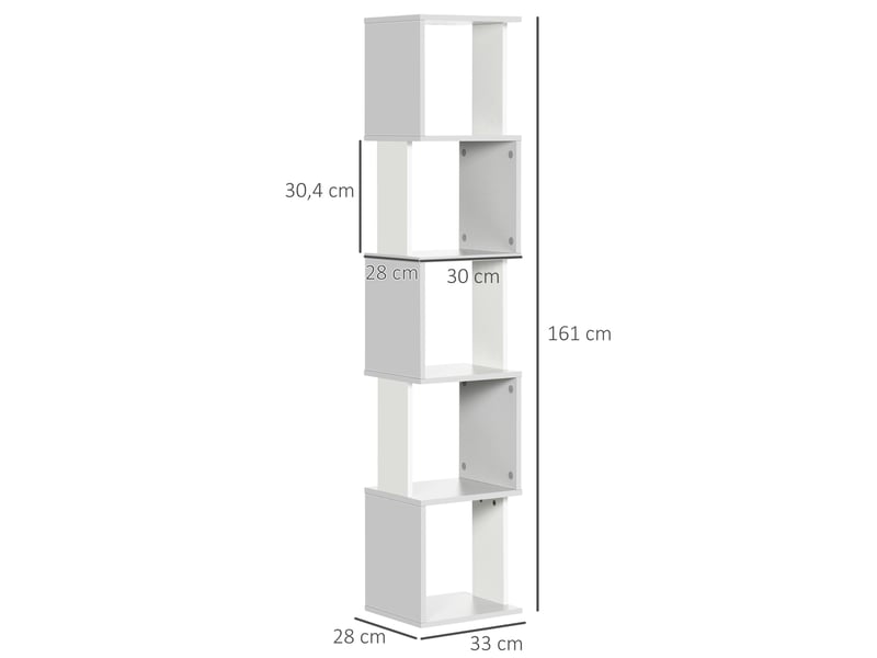  Bibliothèque en forme de s à 5 étagères pour salon ou bureau, 33 x 28 x 161 cm, blanc et gris  - Conforama E
