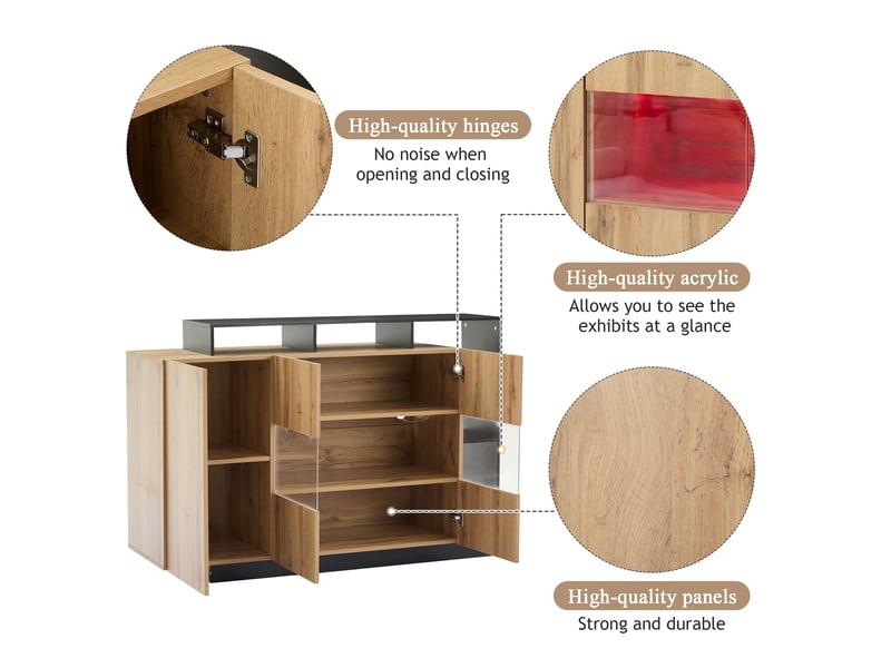  Buffet moderne avec led 140 cm meuble de rangement salle à manger bois et noir  - Conforama E