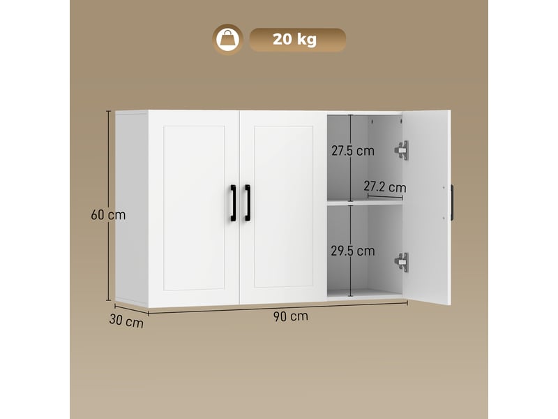  Armoire murale de salle de bain en mdf blanc, 3 portes, 90 x 30 x 60 cm  - Conforama E