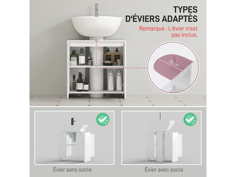  Meuble sous vasque blanc 2 portes, étagère réglable, découpe en u, 60 x 30 x 60 cm  - Conforama R