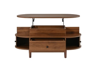Table basse ovale avec plateau relevable, mdf noyer, tiroir et portes coulissantes
