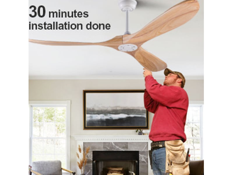  Ventilateur de plafond 183 cm blanc et naturel, métal et bois, sans éclairage avec télécommande 6 vitesses  - Conforama D