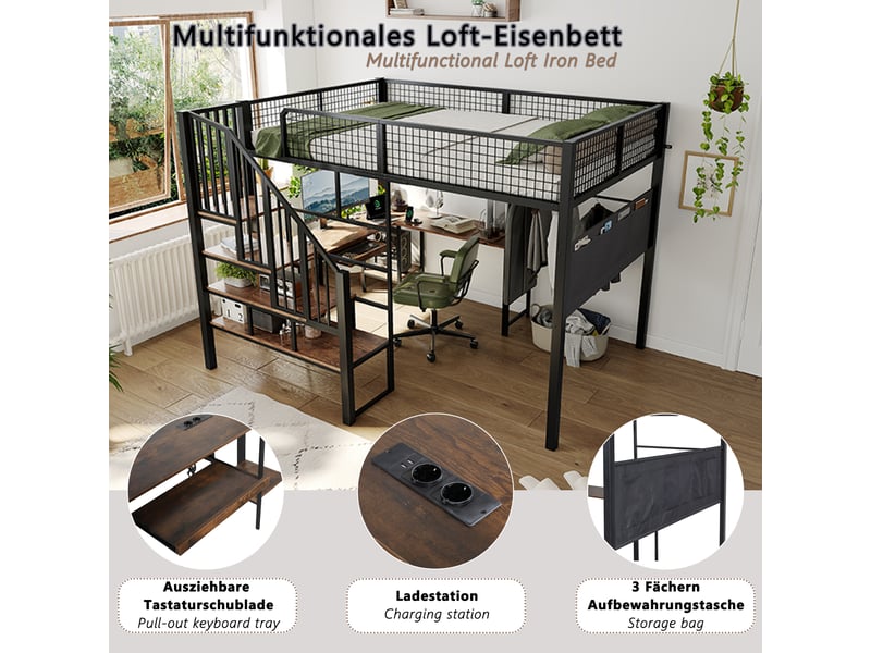 Lit mezzanine,140x200 cm,avec bureau d’angle et escalier,métal,noir - Conforama E