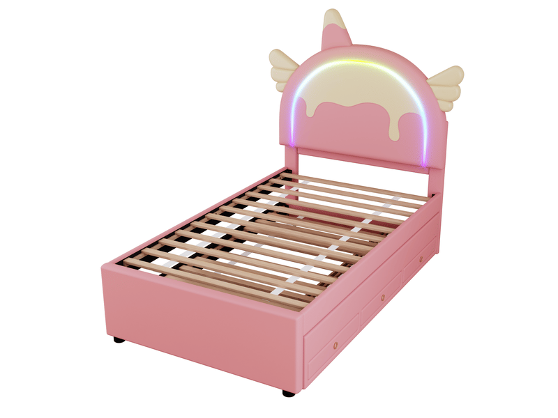  Lit enfant 90x200 cm forme licorne avec lit gigogne et tiroirs, pu et mdf, rose, sans matelas  - Conforama E