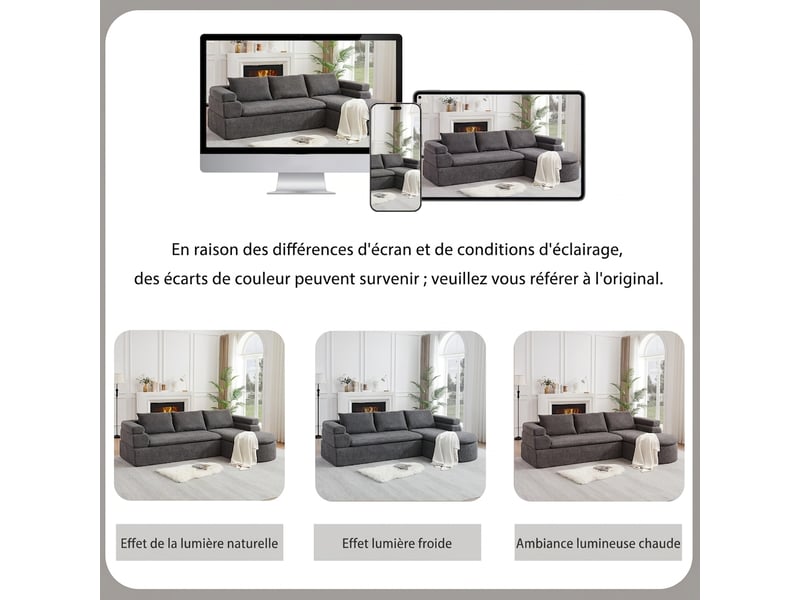 Canapé d'angle en l avec méridienne anthracite, chenille 3 places, accoudoir à niveaux  - Conforama R