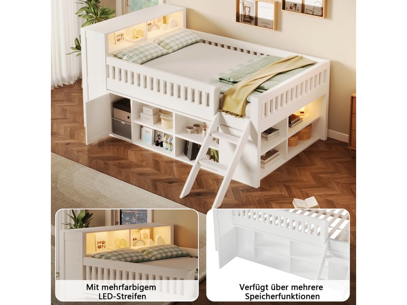  Lit mezzanine 140x200 cm blanc, avec rangements, étagères ouvertes, placard, led au chevet, échelle, sommier inclus, sans matelas  - Conforama D