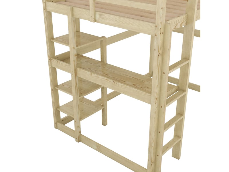  Lit superposé enfant 140x200, avec rangement sécurisé, 4 compartiments et plateau bureau en pin naturel lit combiné enfant  - Conforama D