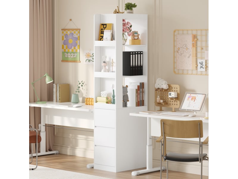  Bibliothèque 60x40x200 cm, 3 tiroirs réversibles, meuble salon et chambre, meuble entrée, panneau de particules, blanc  - Conforama D
