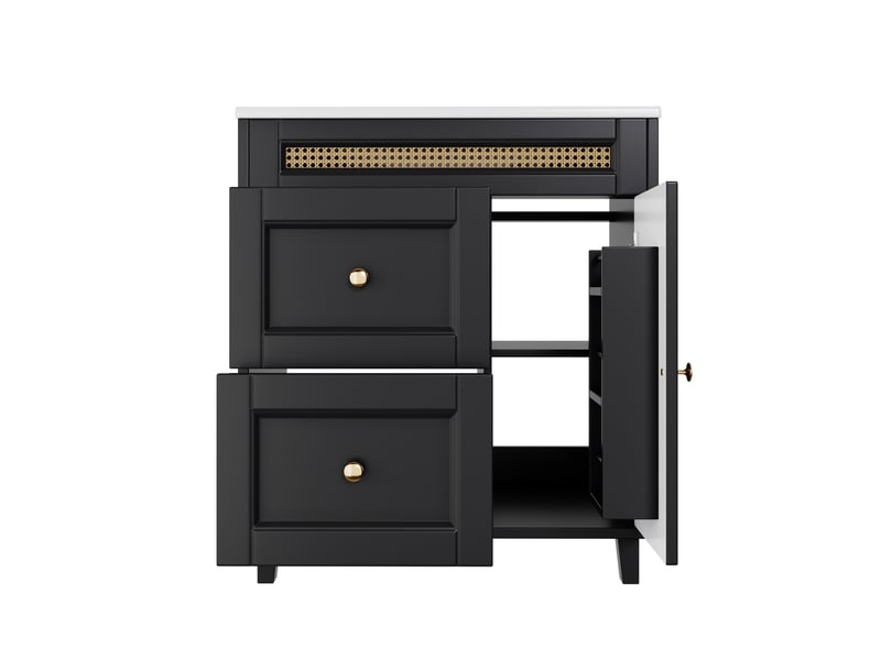  Meuble sous vasque sur pied avec 2 tiroirs silencieux et portes à fermeture douce - lpospi - vasque intégrée, poignées dorées, céramique et mdf noir, 76 × 46 × 86,5 cm  - Conforama A