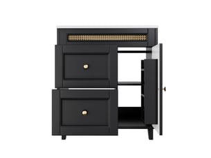 Meuble sous vasque sur pied avec 2 tiroirs silencieux et portes à fermeture douce - vasque intégrée, poignées dorées, céramique et mdf noir, 76 × 46 × 86,5 cm