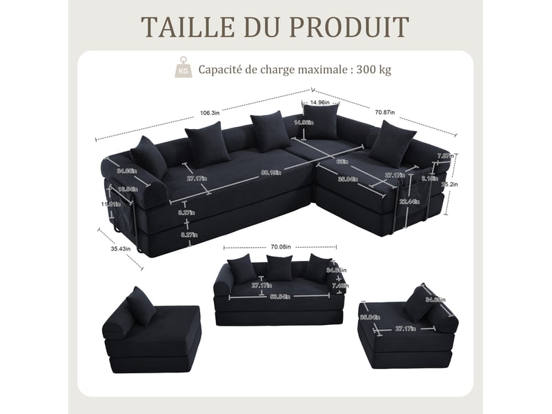  Canapé modulaire 4 places avec chaise longue, poches latérales et modules combinables en velours côtelé noir  - Conforama B