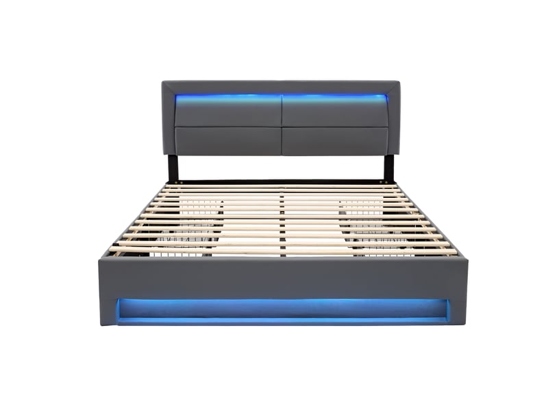 Lit rembourré 140 x 190 cm avec 4 tiroirs, éclairage led, ports usb et recharge sans fil, revêtement pu gris Fay Lum - Conforama R