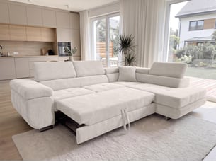 Canapé d'angle droit convertible <strong>AX LIVING </strong> <strong>Konak</strong> 4 places Velours côtelé blanc avec coffre de rangement