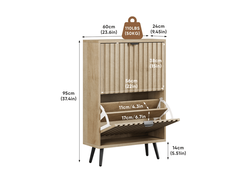  Meuble à chaussures 60cm bois naturel - meuble de rangement entrée avec 2 abattants et pieds en métal  - Conforama B