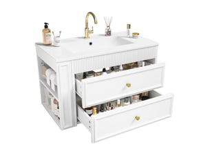 Meuble salle de bain suspendu 81 cm blanc avec vasque en céramique et porte-papier toilette