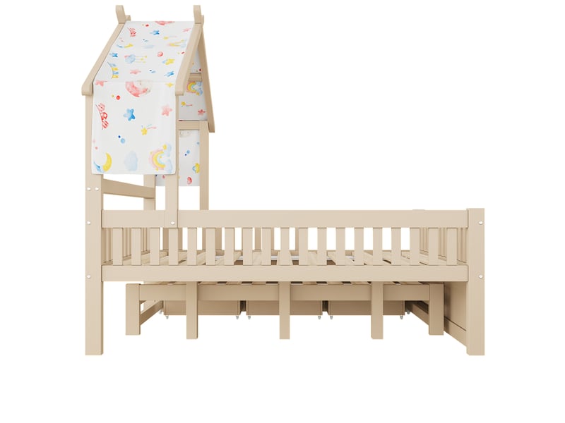  Lit maison 140x200 cm crème, avec lit tirant, 3 tiroirs, garde-corps, structure bois, sommier inclus, sans matelas  - Conforama E