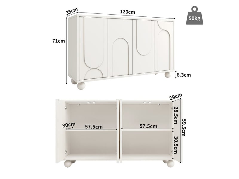 Buffet, 120 × 35 × 71 cm, armoire de rangement, 4 portes et plateau réglable, blanc - Conforama C