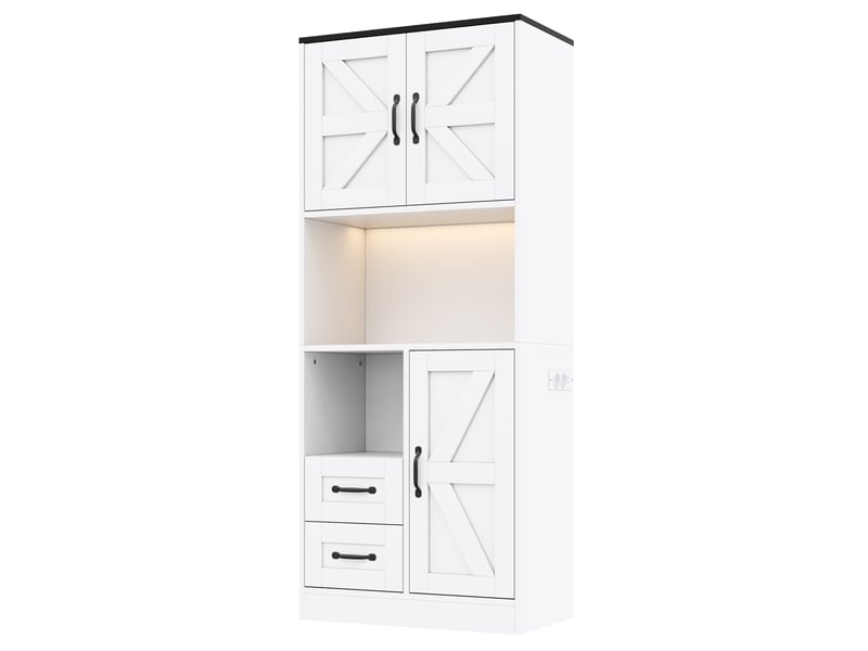  Armoire haute de cuisine 72x40x173 cm avec led rgb, 2 prises, 2 usb, 3 portes style grange, 2 tiroirs, étagères réglables, mdf blanc  - Conforama A